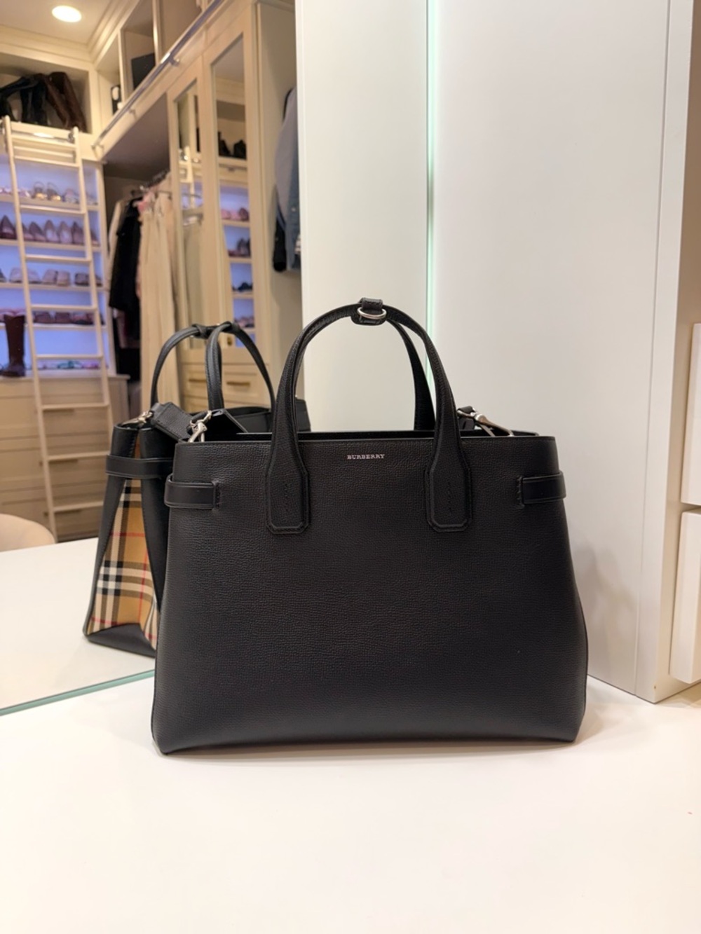 Burberry Black Leather Satchel with Vintage Check Interior